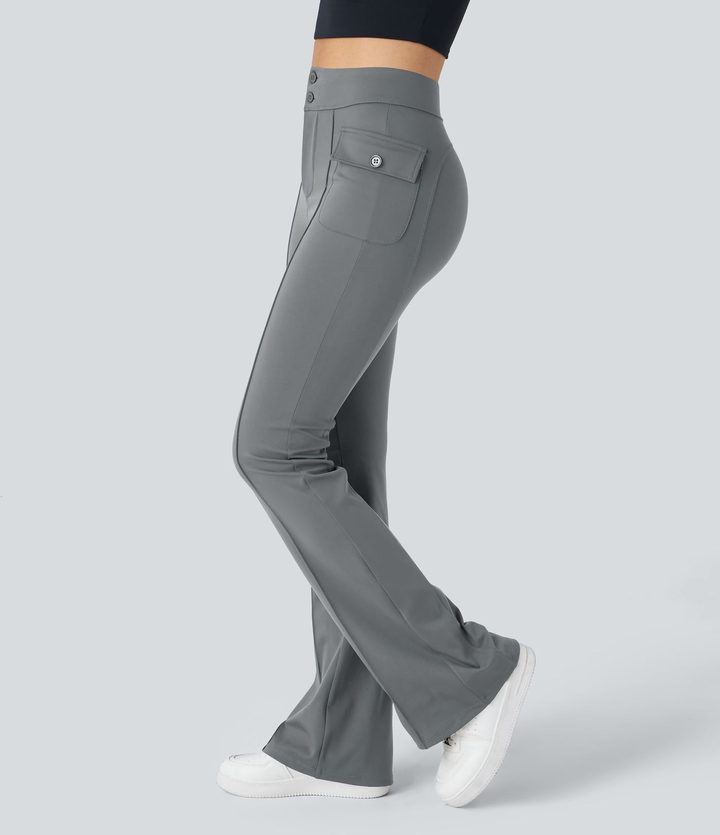 High Waisted Side Flap Pocket Flare Casual Cargo Pants