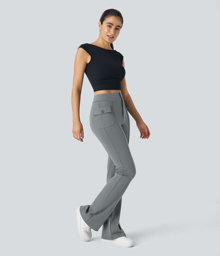 High Waisted Button Side Flap Pocket Flare Casual Cargo Trousers