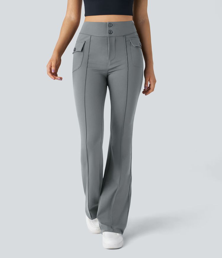 High Waisted Button Side Flap Pocket Flare Casual Cargo Trousers