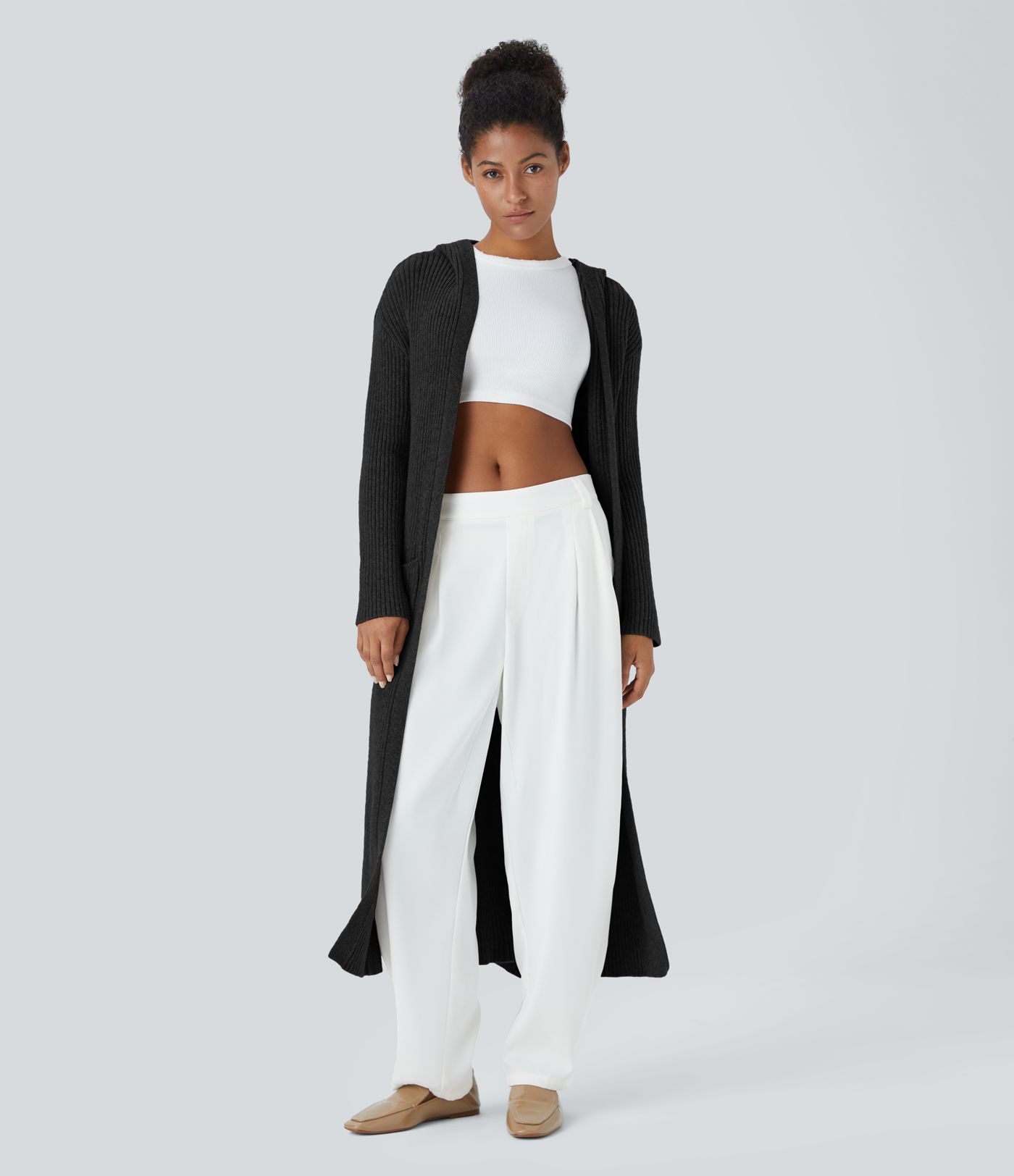 Hooded Long Sleeve Pocket Longline Casual Cardigan