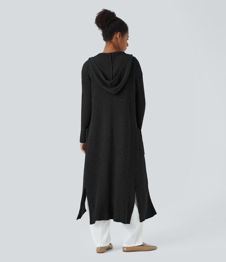 Hooded Long Sleeve Side Pocket Split Longline Casual Cardigan