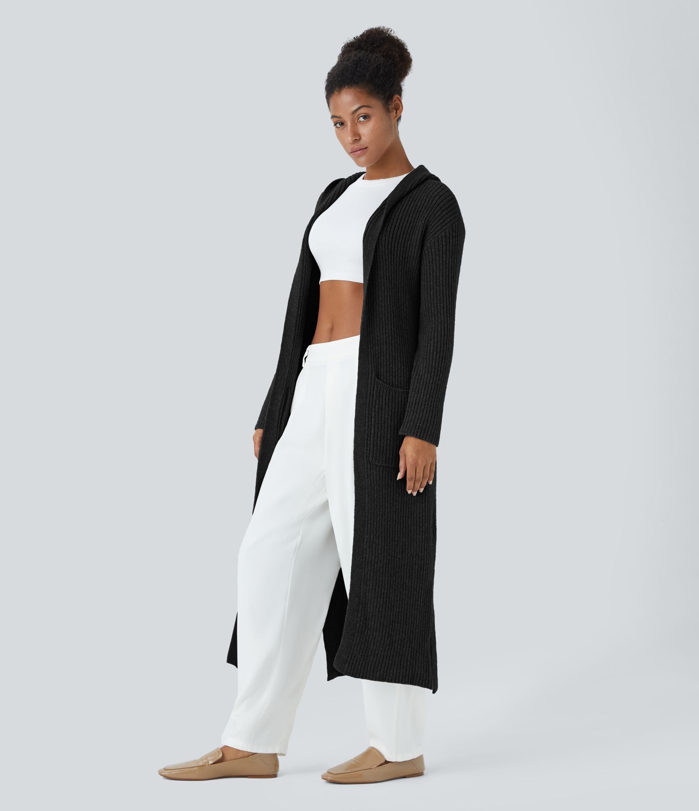 Hooded Long Sleeve Pocket Longline Casual Cardigan