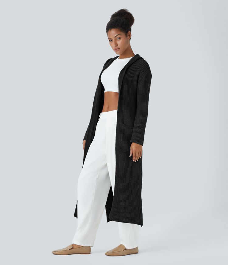 Hooded Long Sleeve Pocket Longline Casual Cardigan