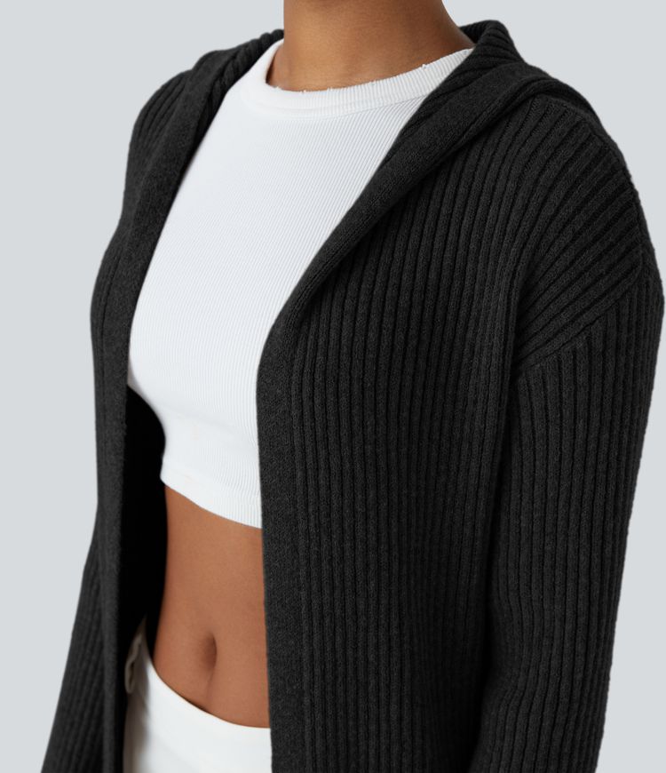 Hooded Long Sleeve Pocket Longline Casual Cardigan