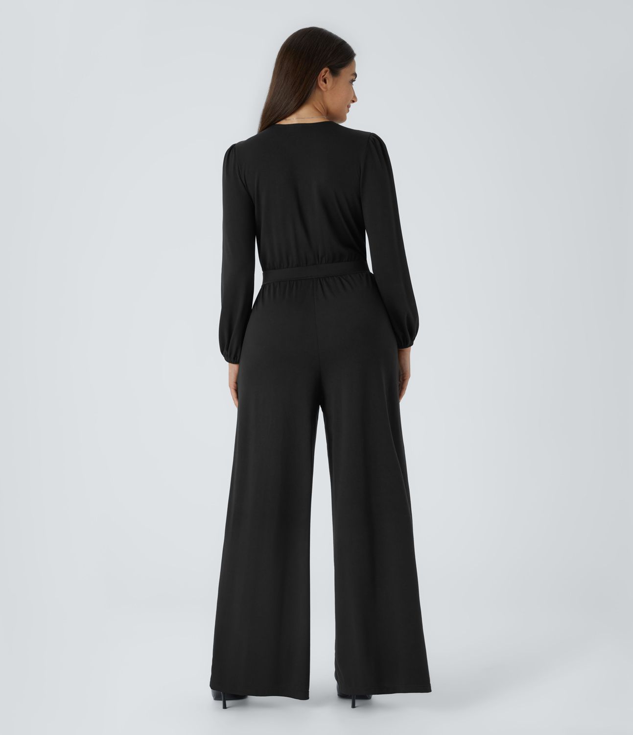 V-neck crossover long sleeve side pocket pleated wide-leg casual jumpsuit