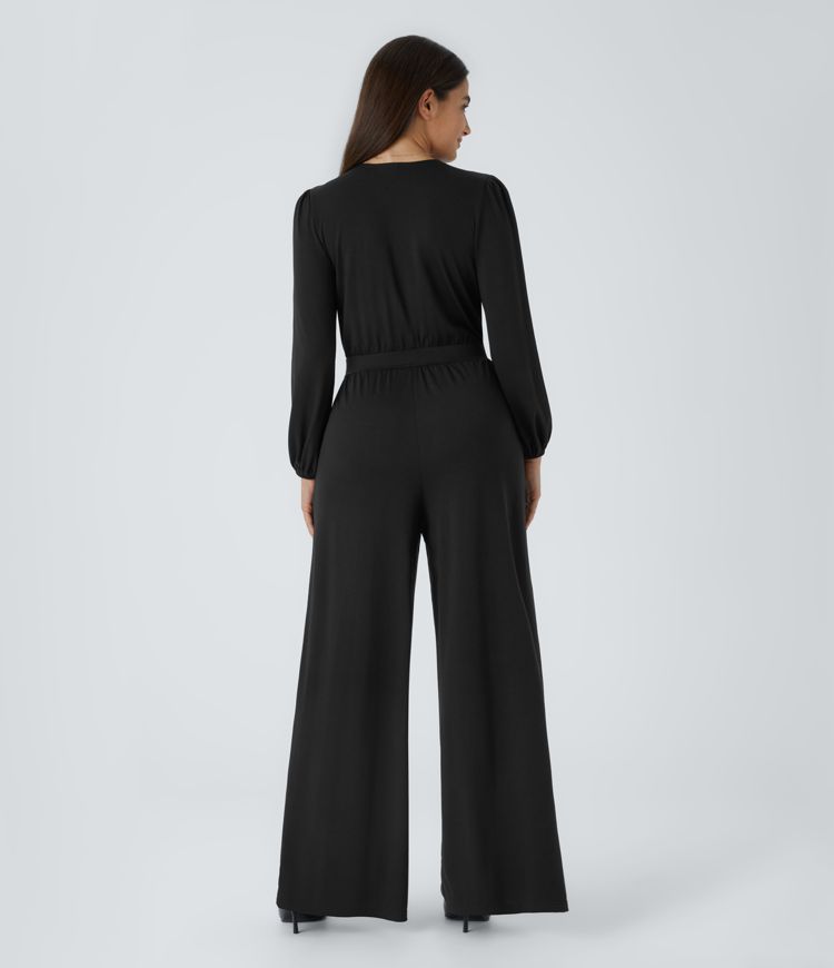 V-neck crossover long sleeve side pocket pleated wide-leg casual jumpsuit
