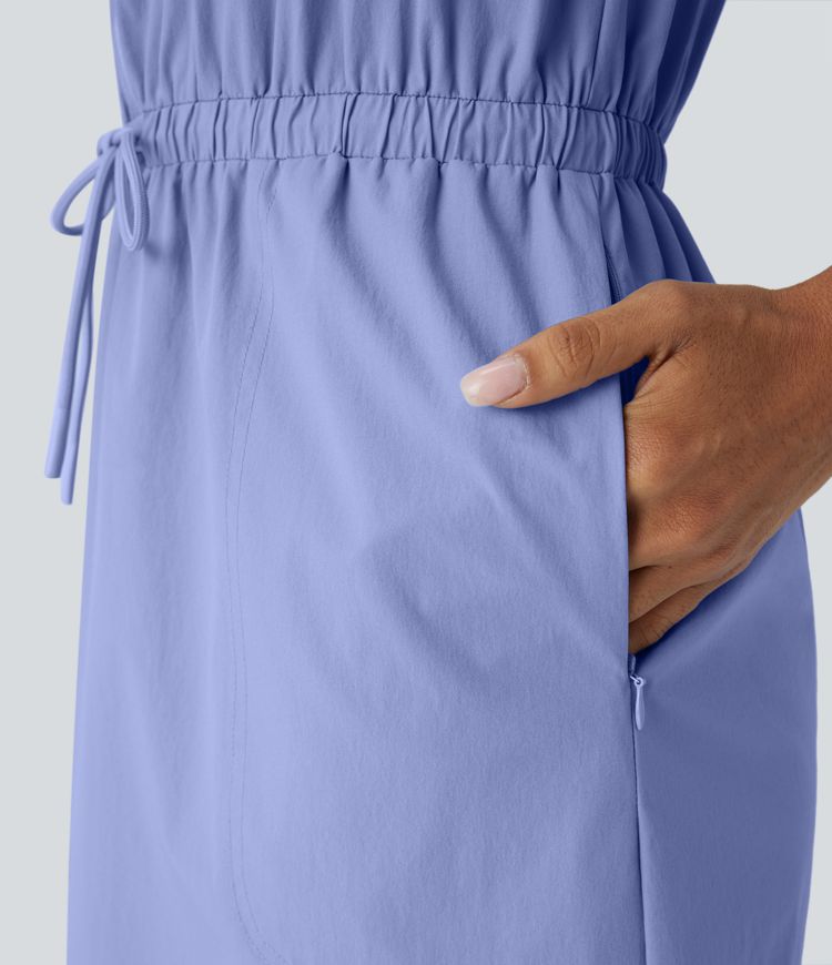 Water Repellent Wear-Resistant U Neck Sleeveless Half Zip Drawstring Pocket Curved Hem Mini Hiking Active Dress