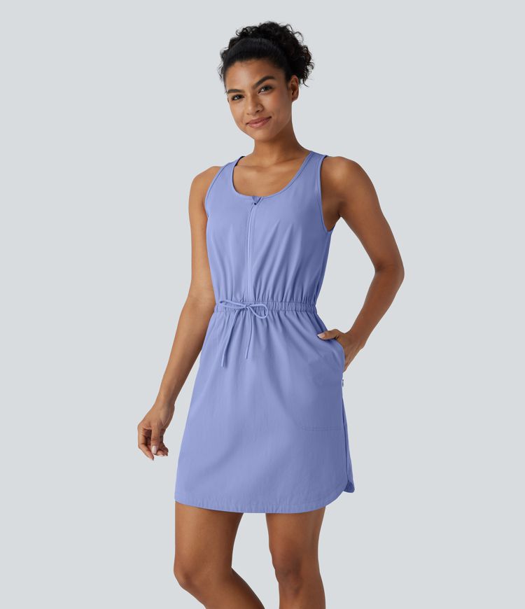 Water Repellent Wear-Resistant U Neck Sleeveless Half Zip Drawstring Pocket Curved Hem Mini Hiking Active Dress