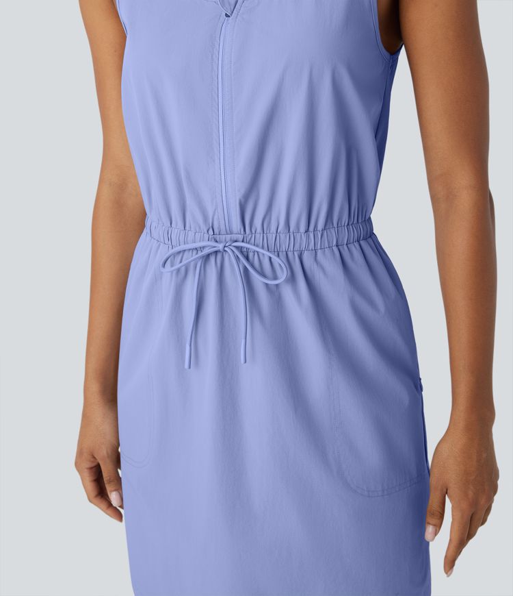 Water Repellent Wear-Resistant U Neck Sleeveless Half Zip Drawstring Pocket Curved Hem Mini Hiking Active Dress