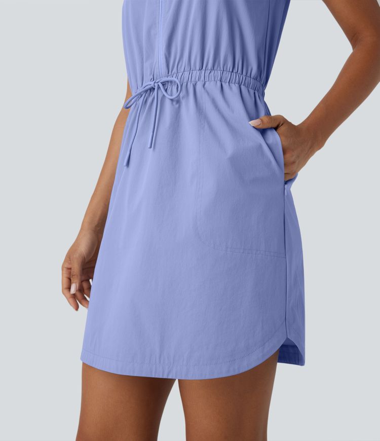 Water Repellent Wear-Resistant U Neck Sleeveless Half Zip Drawstring Pocket Curved Hem Mini Hiking Active Dress