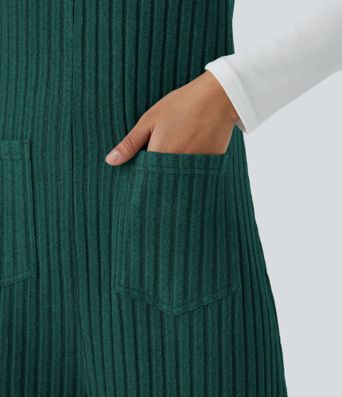 Ribbed Knit Pockets Casual Overalls
