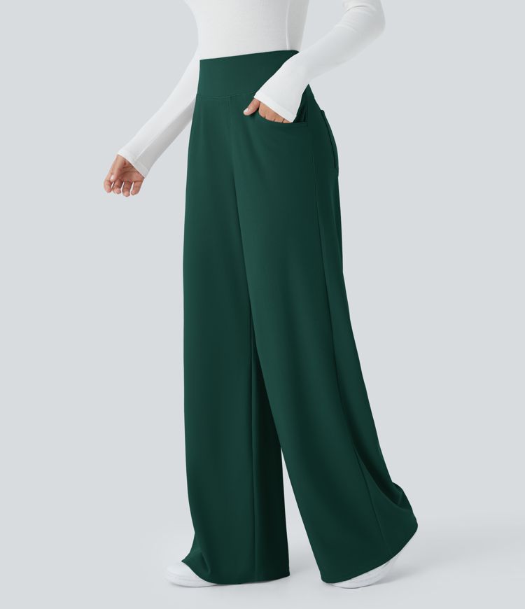 SoCinched High Waisted Tummy Control Multiple Pockets Wide Leg Micro Waffle Work Pants
