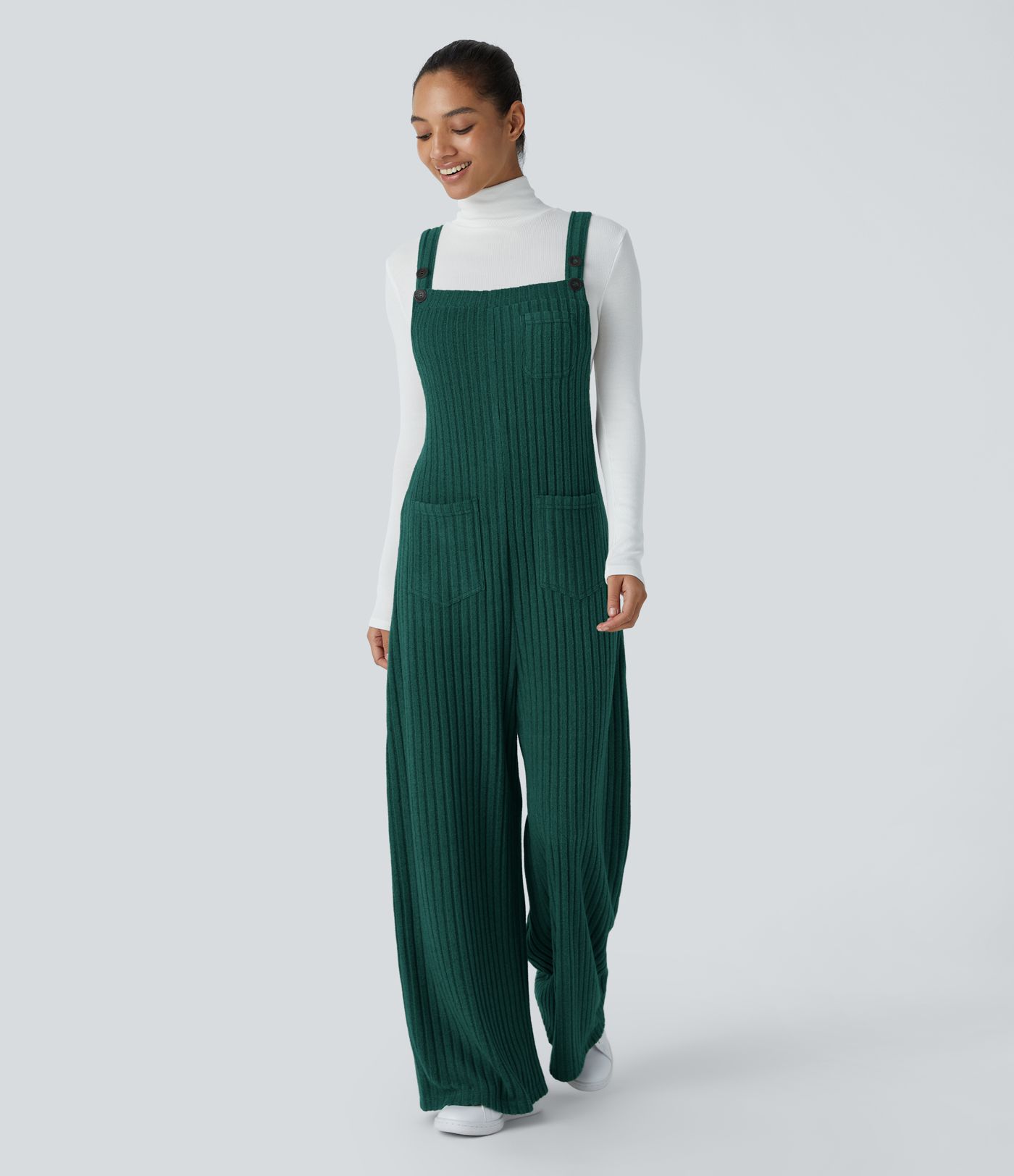 Ribbed Knit Pockets Casual Overalls