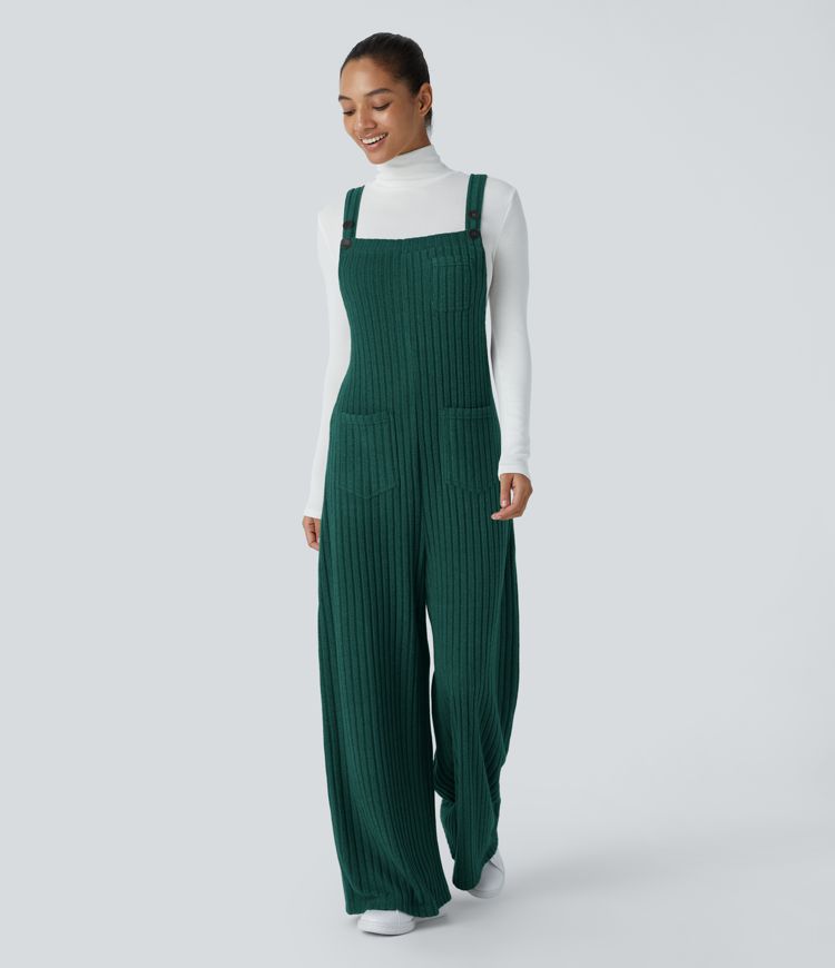 Ribbed Knit Pockets Casual Overalls