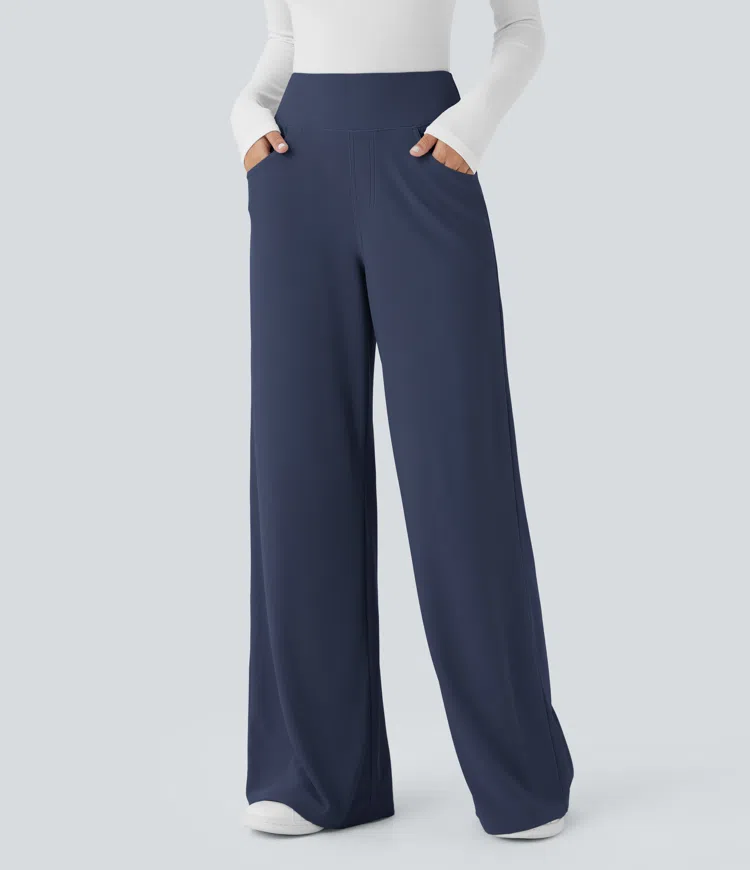 SoCinched High Waisted Tummy Control Pockets Wide Leg Micro Waffle Work Pants