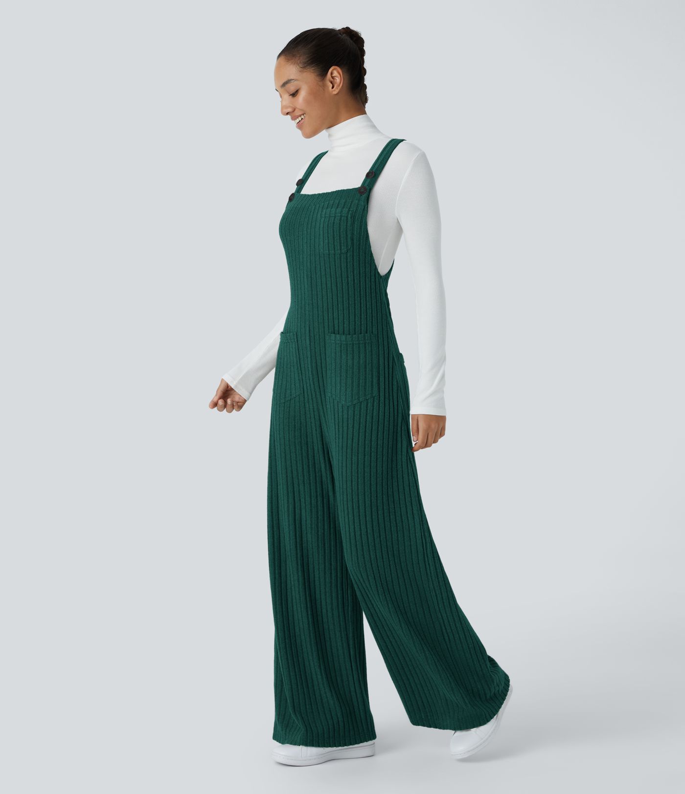 Ribbed Knit Pockets Casual Overalls