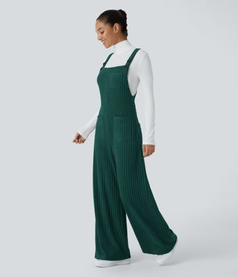 Ribbed Knit Pockets Casual Overalls