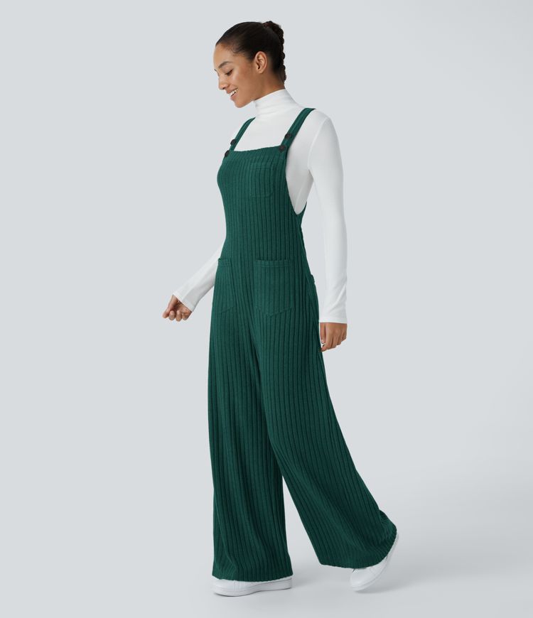 Ribbed Knit Pockets Casual Overalls