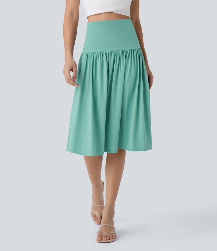 【Raucohouse】Fold crop flare midi skirt Women's Foldover Mid Rise Pocket Flare Midi Skirt - Halara