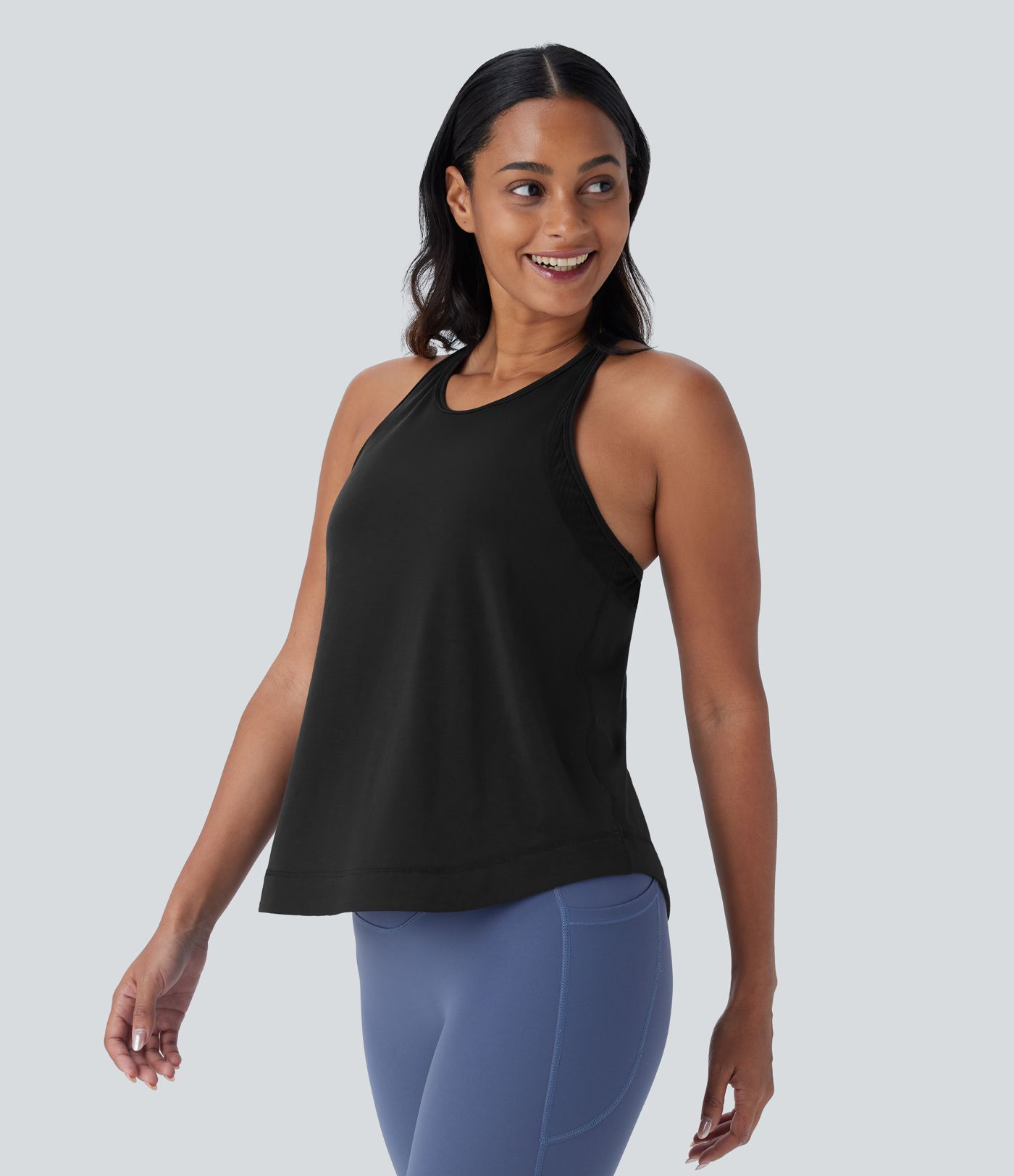 Lauf-Tanktop mit Racerback, Streifen und gebogenem Saum - schnelltrocknend