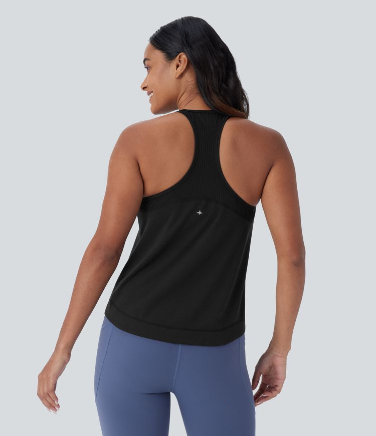 Lauf-Tanktop mit Racerback, Streifen und gebogenem Saum - schnelltrocknend
