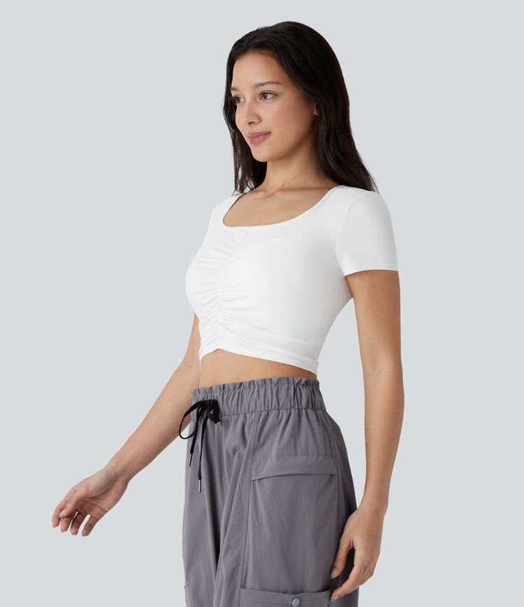 Square Neck Short Sleeve Ruched Cropped Hiking Sports Top-UPF40+
