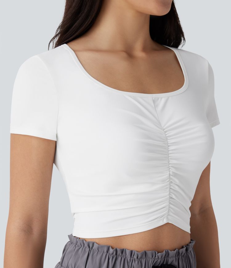Square Neck Short Sleeve Ruched Cropped Hiking Sports Top-UPF40+