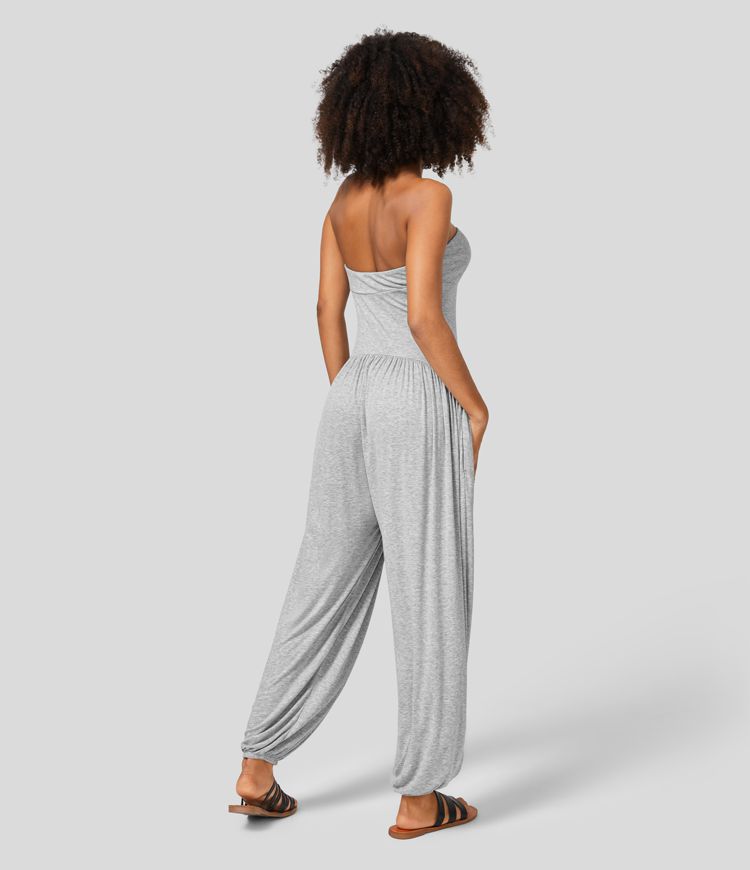 Ribbed Tube Backless Side Pocket Casual Jumpsuit