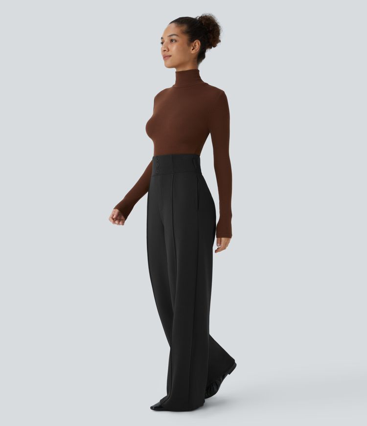 Pantalon décontracté taille très haute avec boutons décoratifs et poches latérales