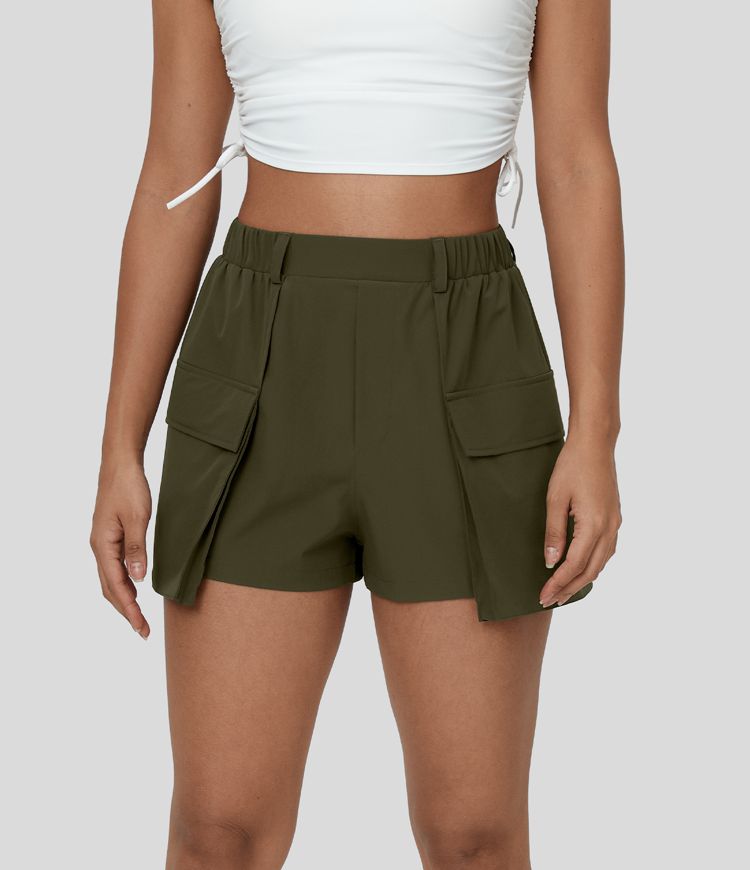 Women’s High Waisted Flap Pocket Plain Casual Cargo Shorts HALARA