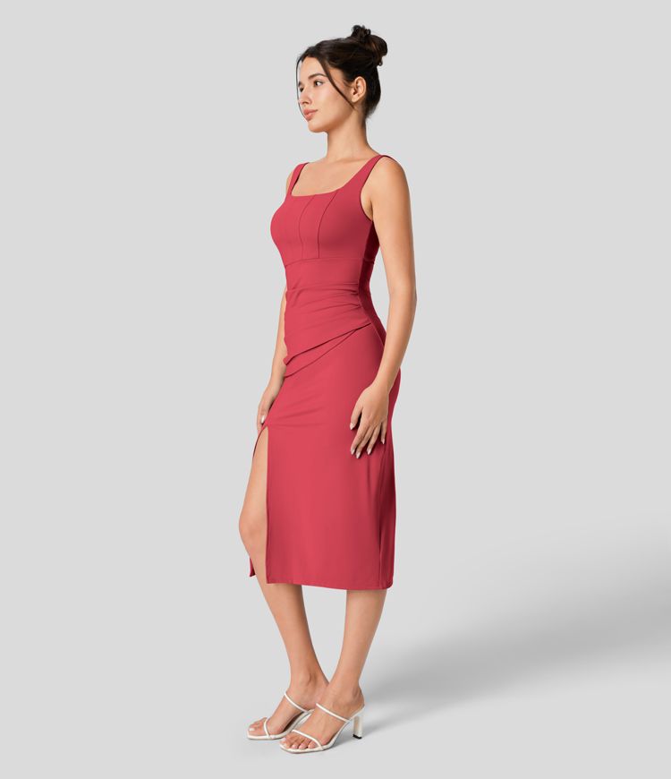 Casual Midi Corset Bodycon Dress with Square Neckline and Ruched Back