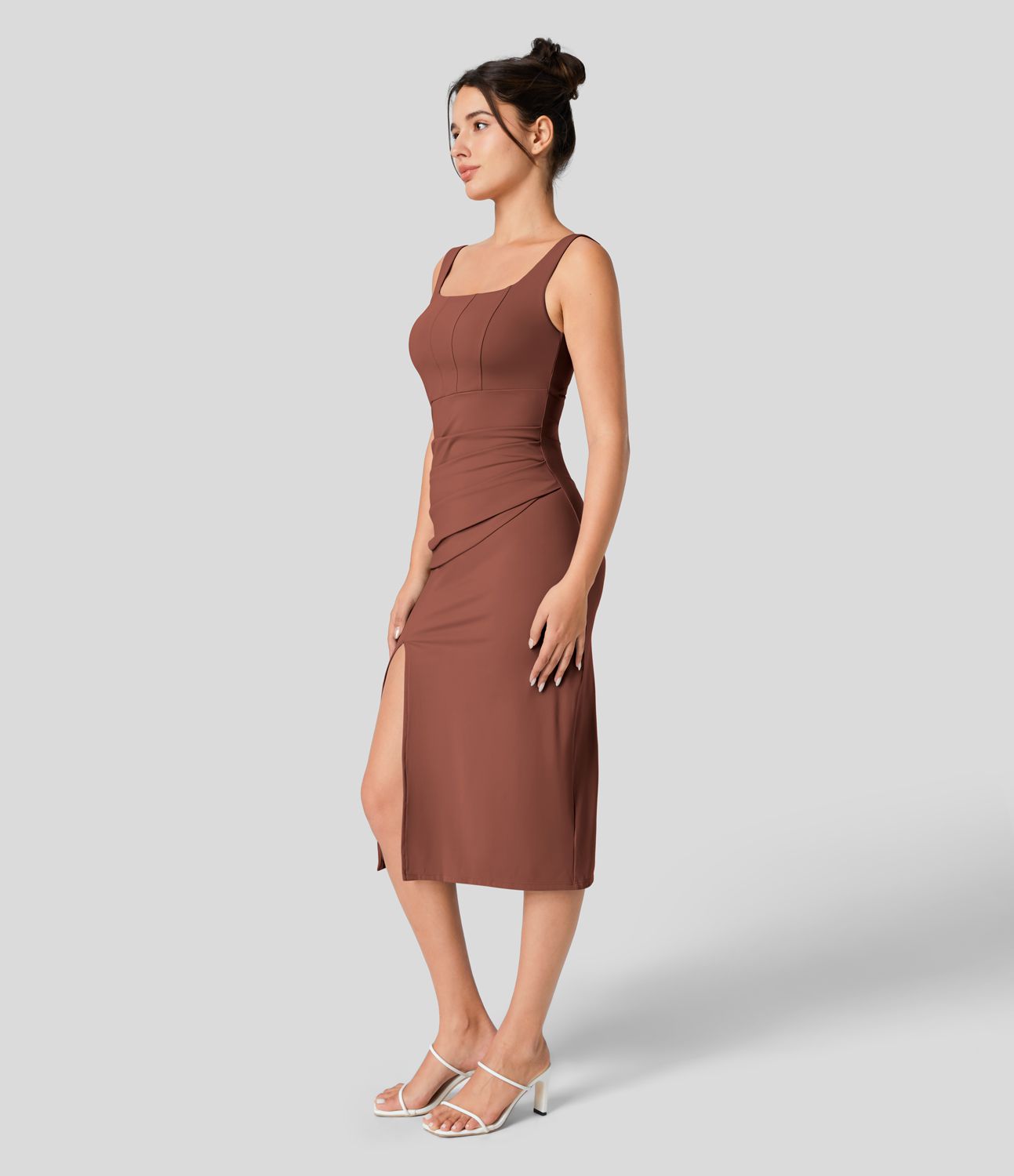 Softlyzero™ Airy Square Neck Backless Corset Ruched Split Bodycon Midi Cool Touch Bridesmaid and Wedding Guest Dress Softlyzero™ Airy Square Neck Backless Corset Ruched Split Bodycon Midi Cool Touch Bridesmaid and Wedding Guest Dress
