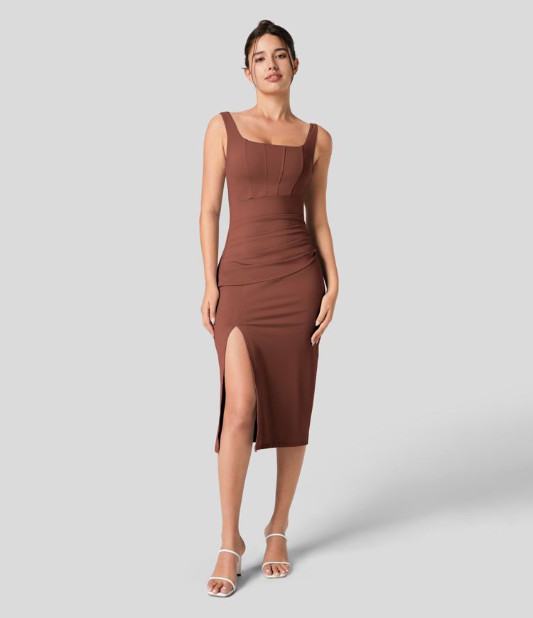 Softlyzero™ Airy Square Neck Backless Corset Ruched Split Bodycon Midi Cool Touch Bridesmaid and Wedding Guest Dress Softlyzero™ Airy Square Neck Backless Corset Ruched Split Bodycon Midi Cool Touch Bridesmaid and Wedding Guest Dress