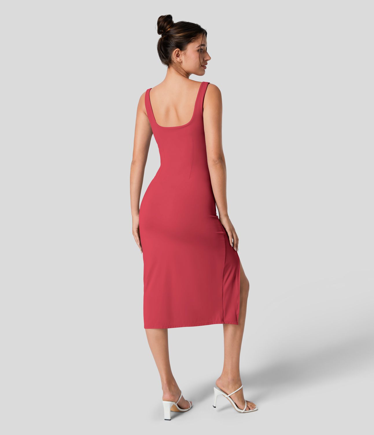 Casual Midi Corset Bodycon Dress with Square Neckline and Ruched Back