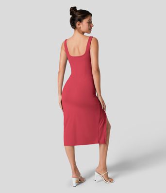 Casual Midi Corset Bodycon Dress with Square Neckline and Ruched Back