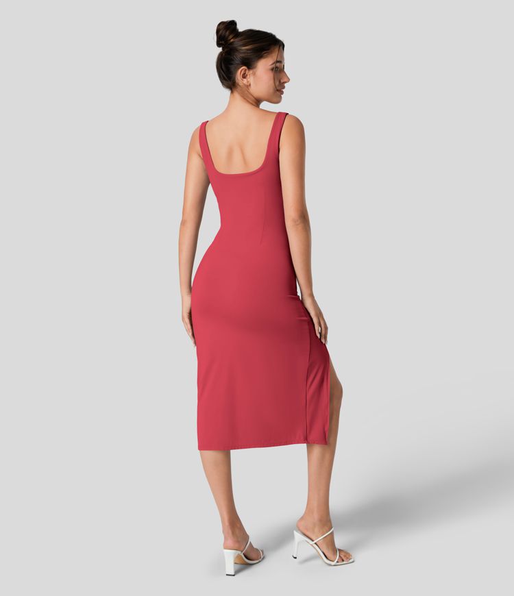 Casual Midi Corset Bodycon Dress with Square Neckline and Ruched Back