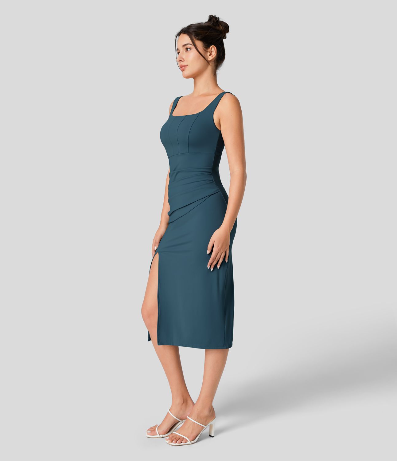 Softlyzero™ Luftiger quadratischer Ausschnitt Rückenfreies Korsett mit Raffungen Schlitz Bodycon Midi Kühl Brautjungfer und Hochzeitsgast Kleid