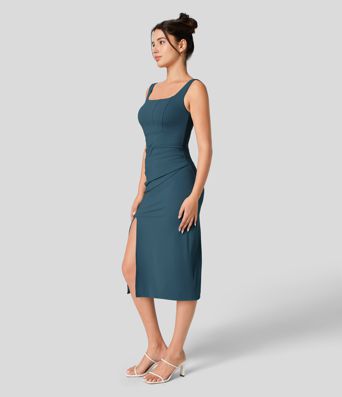 Softlyzero™ Luftiger quadratischer Ausschnitt Rückenfreies Korsett mit Raffungen Schlitz Bodycon Midi Kühl Brautjungfer und Hochzeitsgast Kleid