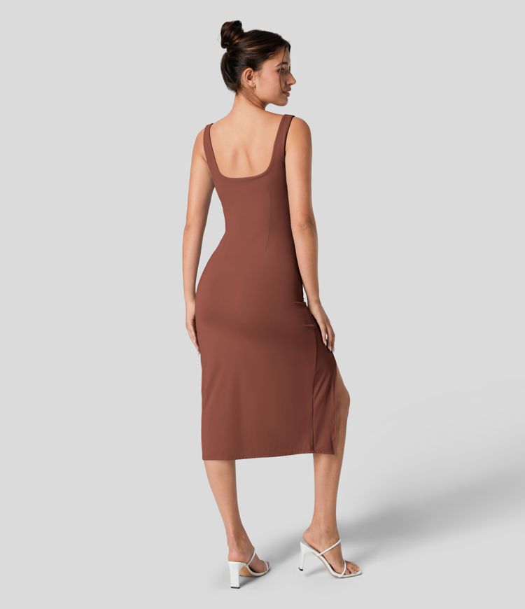 Softlyzero™ Airy Square Neck Backless Corset Ruched Split Bodycon Midi Cool Touch Bridesmaid and Wedding Guest Dress Softlyzero™ Airy Square Neck Backless Corset Ruched Split Bodycon Midi Cool Touch Bridesmaid and Wedding Guest Dress