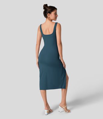 Softlyzero™ Luftiger quadratischer Ausschnitt Rückenfreies Korsett mit Raffungen Schlitz Bodycon Midi Kühl Brautjungfer und Hochzeitsgast Kleid
