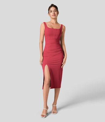 Casual Midi Corset Bodycon Dress with Square Neckline and Ruched Back