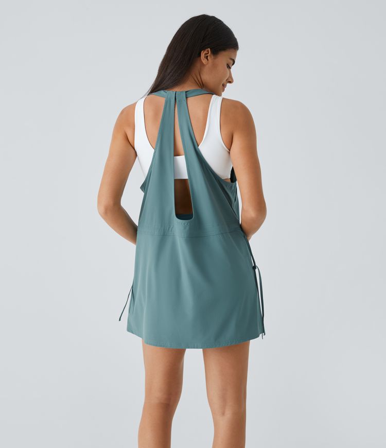 Breezeful™ U Neck Backless Multiple Pockets Drawstring 2-Piece Quick Dry Mini Hiking Dress
