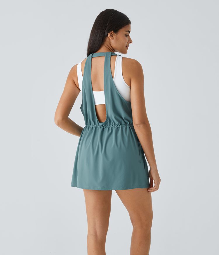Breezeful™ U Neck Backless Multiple Pockets Drawstring 2-Piece Quick Dry Mini Hiking Dress