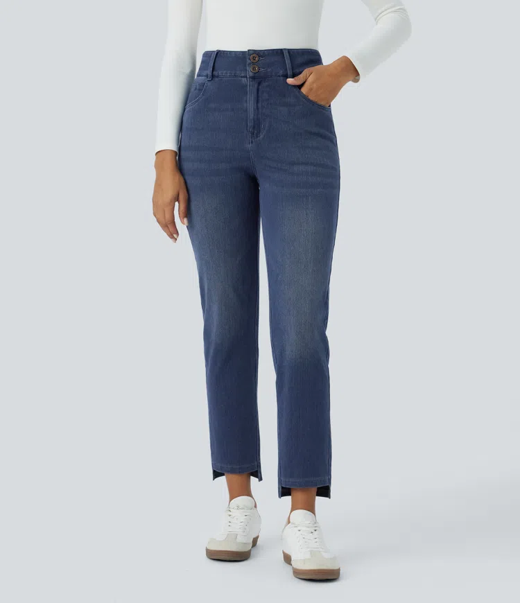 Halara Flex™ High-Waist Button Zipper Multiple Pocket Straight Washed Stretch Knit Casual Jeans