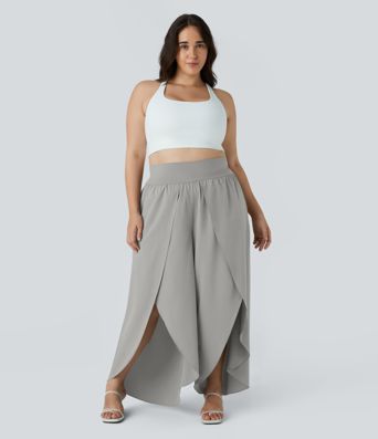 Breezeful™ High Waisted Back Waistband Pocket Palazzo Flowy Wide Leg Quick Dry Casual Plus Size Pants