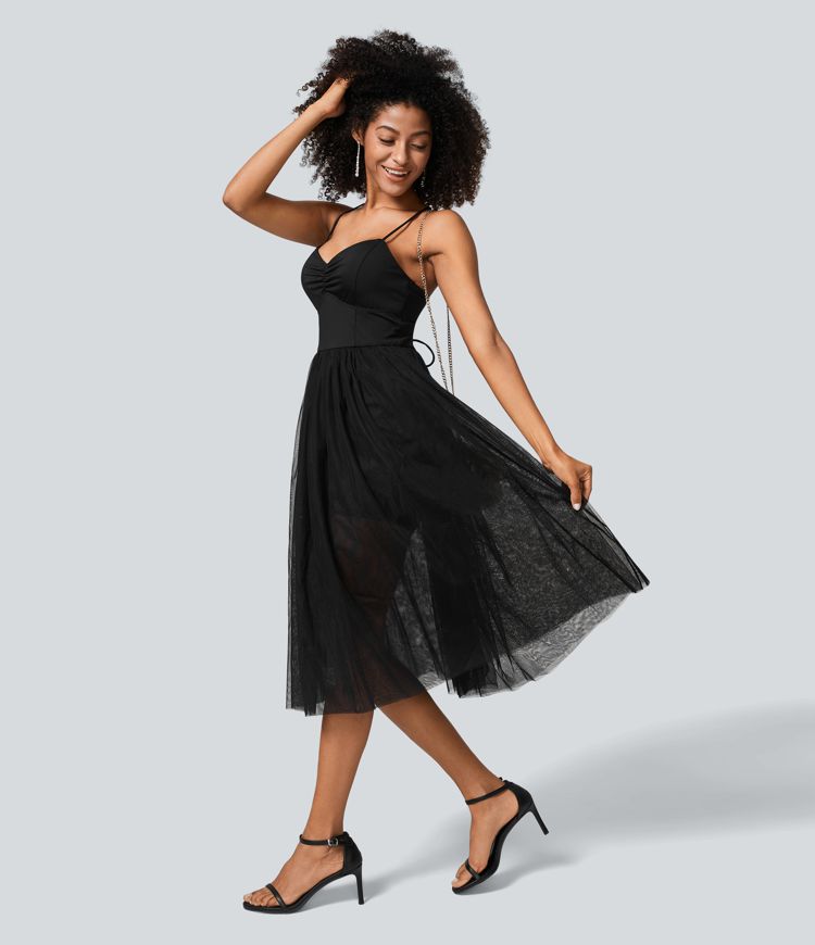 V Neck Ruched Backless Crisscross Lace Up Contrast Mesh Midi Casual Dress