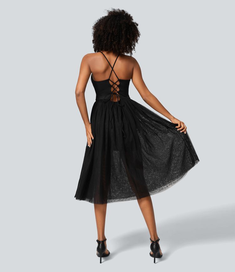 V Neck Ruched Backless Crisscross Lace Up Contrast Mesh Midi Casual Dress