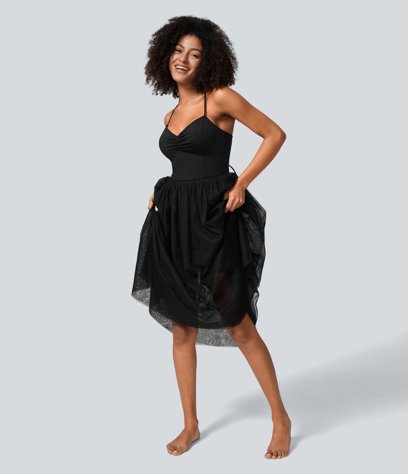 V-hals Rynket Snøre Kontrast Mesh Midi Avslappet Kjole