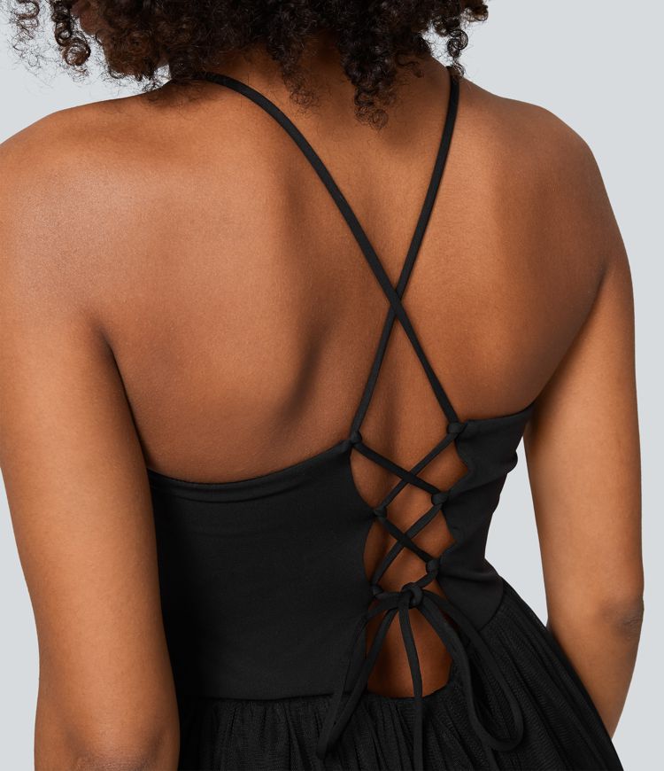 V-hals Rynket Snøre Kontrast Mesh Midi Avslappet Kjole