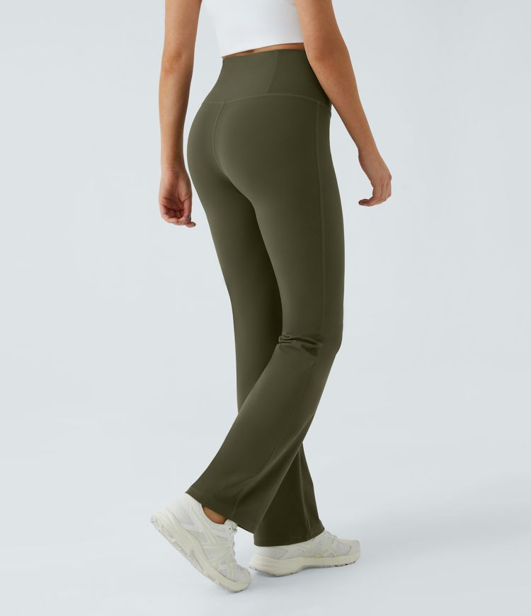 High Waisted Back Pocket Plain Slight Flare Leggings
